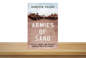 Book cover of Pollack's "Armies of Sand" against a virtual book case background.