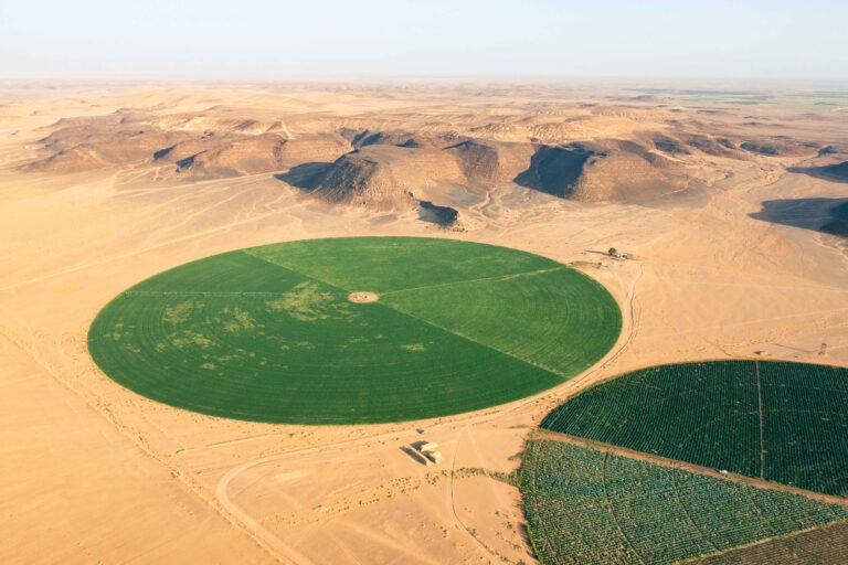 Irrigation systems in a desertous area affected by climate change.