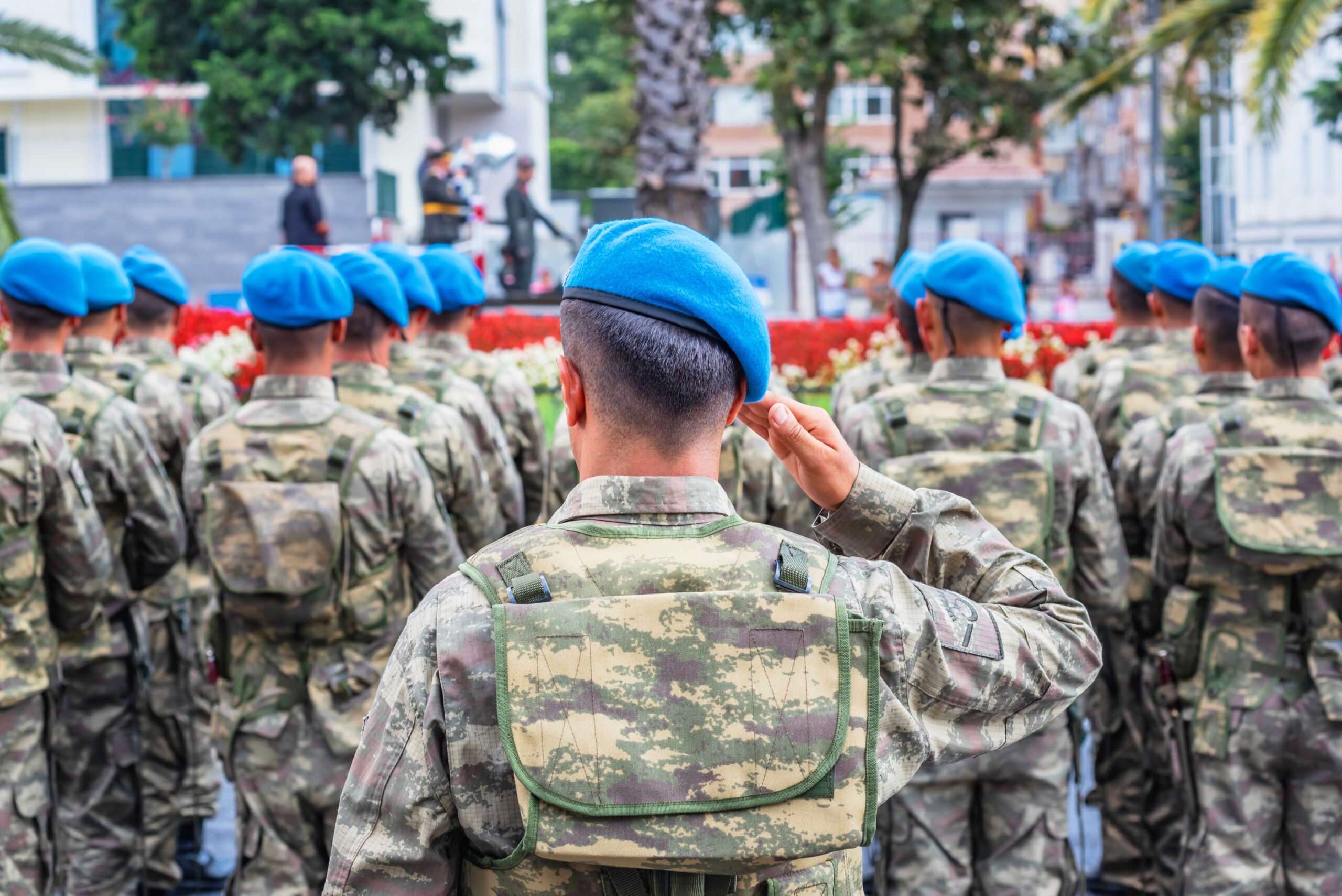 Turkish soldiers salute for Military parade at Turkish 30 August Victory day.Soldiers in formation in Istanbul, Türkiye.