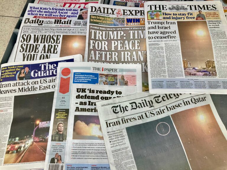 Nottinghamshire, UK 24 June 2025 : UK newspapers widely report Iran attack on US airbase in Middle East