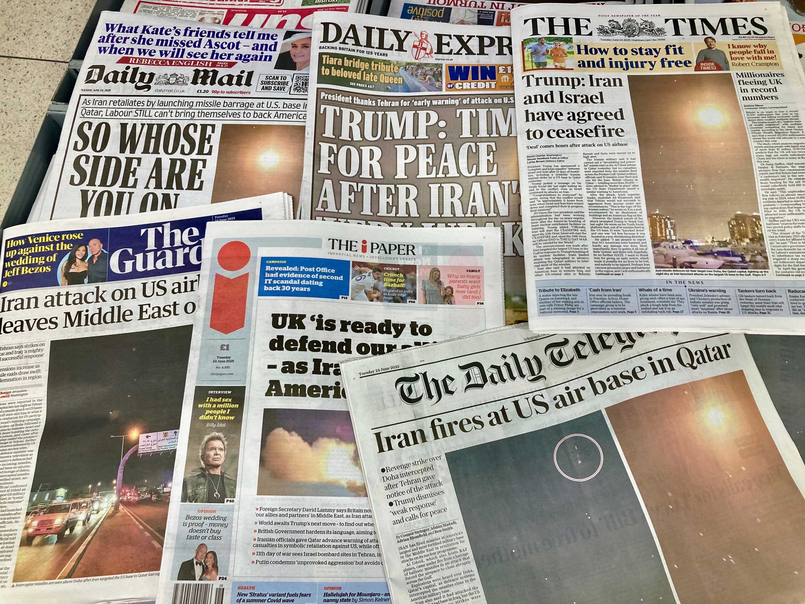 Nottinghamshire, UK 24 June 2025 : UK newspapers widely report Iran attack on US airbase in Middle East