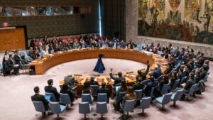 Members of Security Council vote during SC meeting on situation in Gaza on resolution put forward by Algeria at UN Headquarters in New York on February 20, 2024