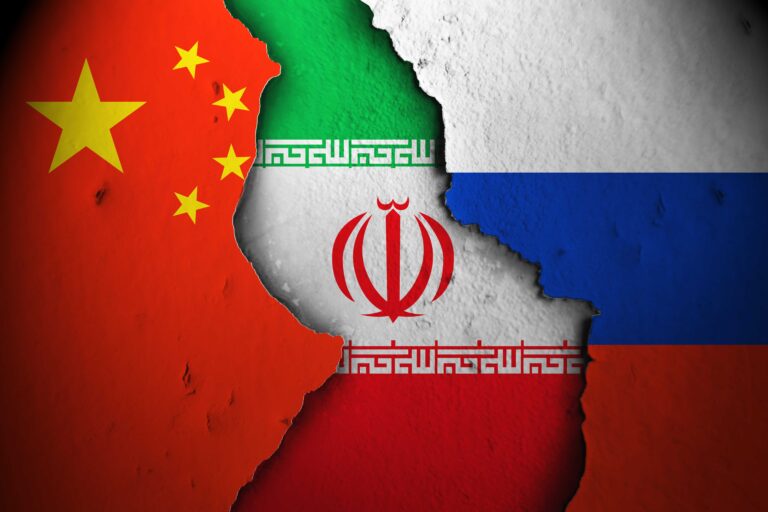 The flags of China Russia and Iran edited together.