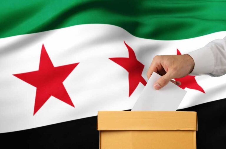 Man putting ballot into voting box on Syria flag background