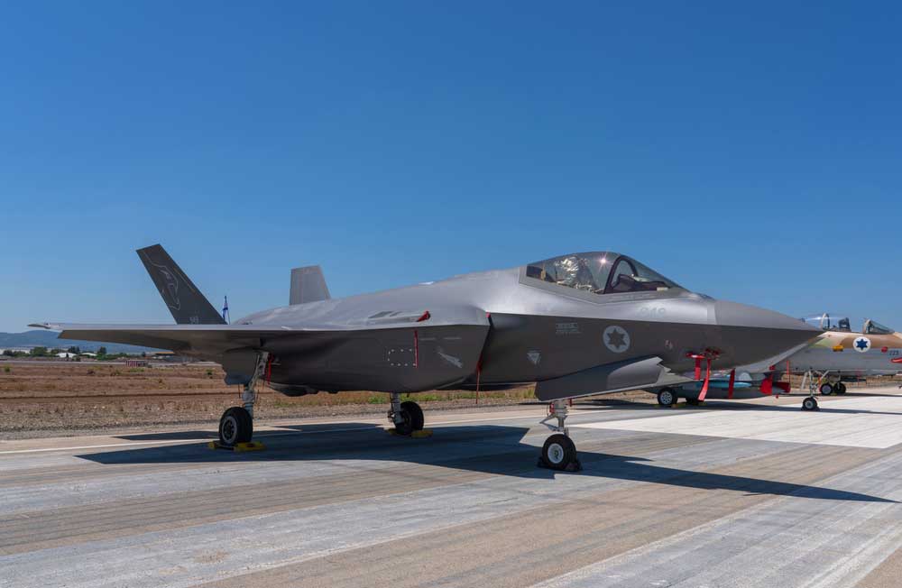 New F-35 combat aircraft in the Israeli armed forces. Side view of the runway.