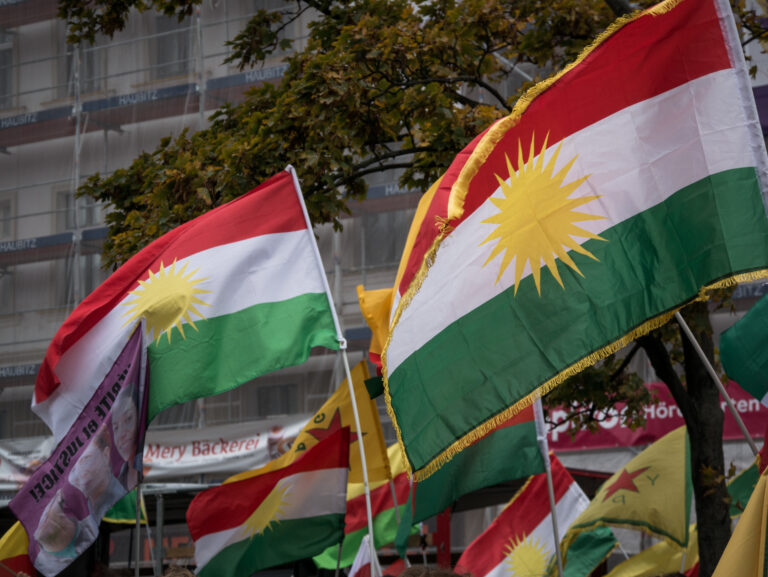 Demostration and protest with many kurdistan and YPG flags.