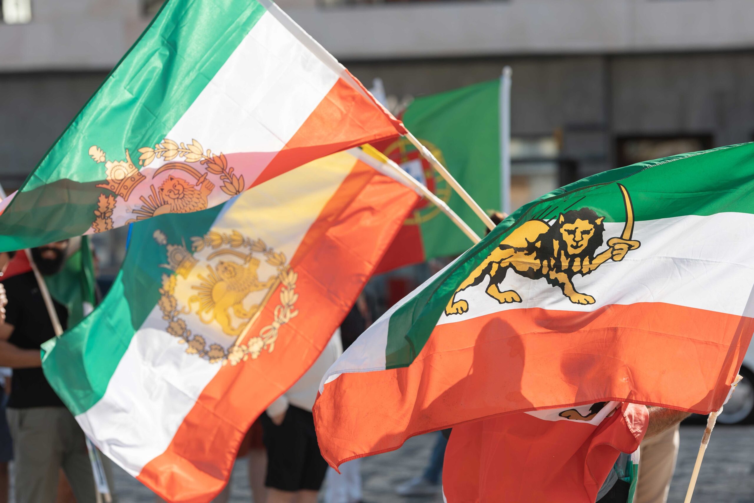 The Lion and Sun flag, a historic national flag of Iran consisting of a green-white-red horizontal tricolour charged with the Lion and Sun emblem.