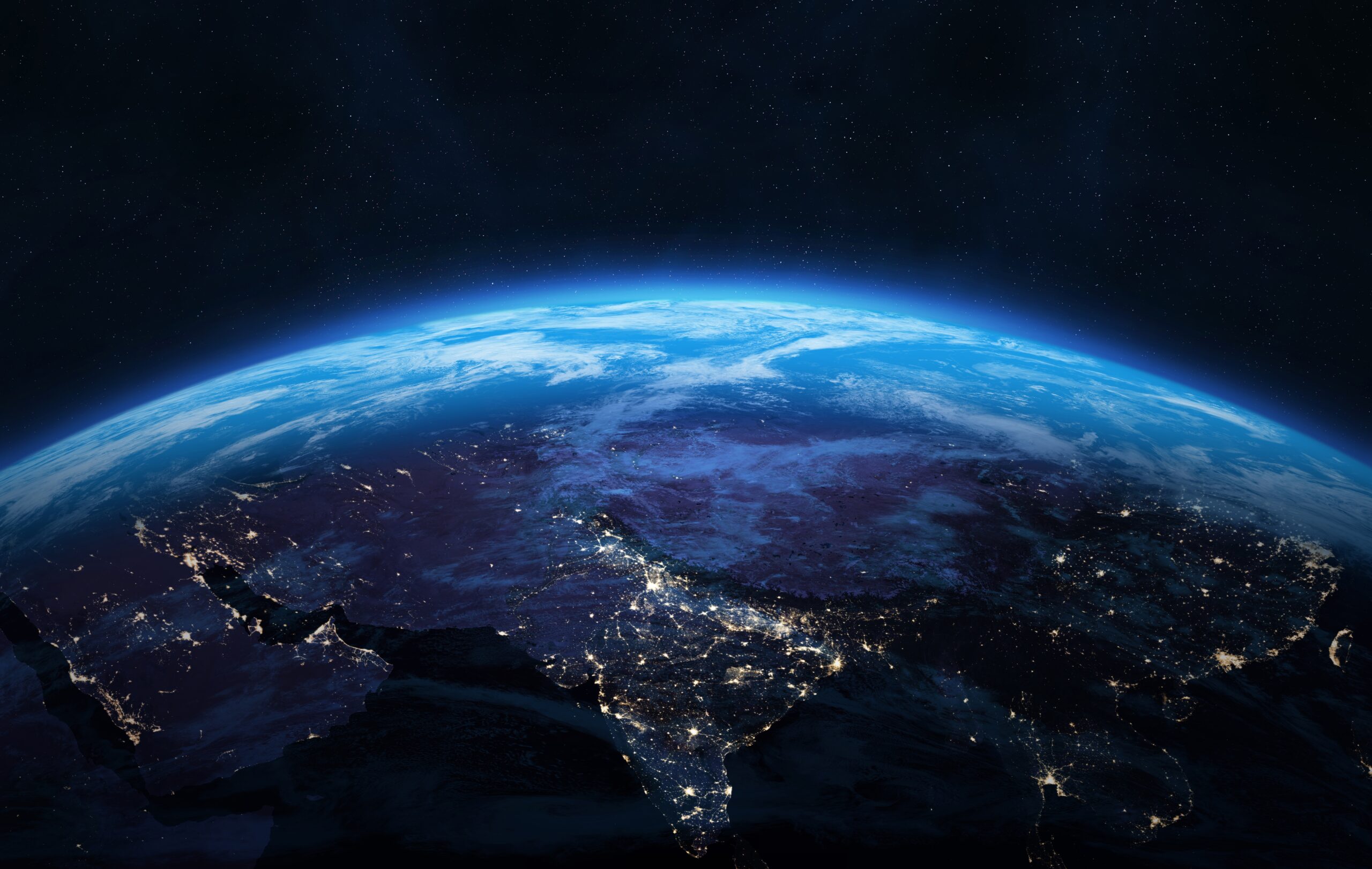 Nightly Earth planet in outer space, with GCC and China in sight.