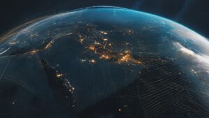 View of the Arabian Peninsula, with Saudi Arabia and the UAE in focus, from space.