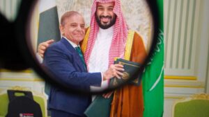 Saudi Crown Prince Mohammed bin Salman and Pakistani Prime Minister Shehbaz Sharif are photographed together, symbolizing international relations and diplomacy. United States, September 23, 2025
