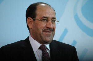 Former Iraqi Prime Minister Nouri Al-Maliki during a press conference after a meeting with the German Chancellor in the Chanclery in Berlin.