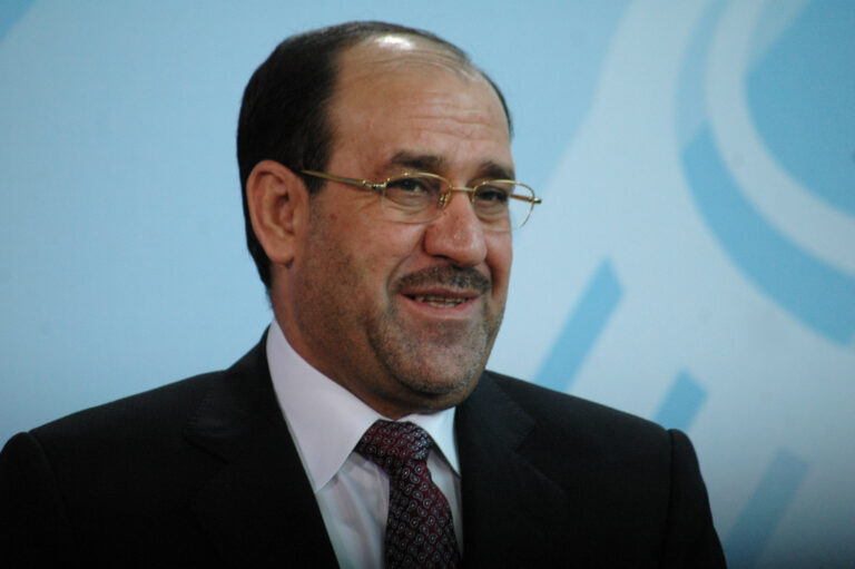 Former Iraqi Prime Minister Nouri Al-Maliki during a press conference after a meeting with the German Chancellor in the Chanclery in Berlin.