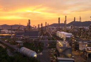 Oil Refinery plant at sunset.