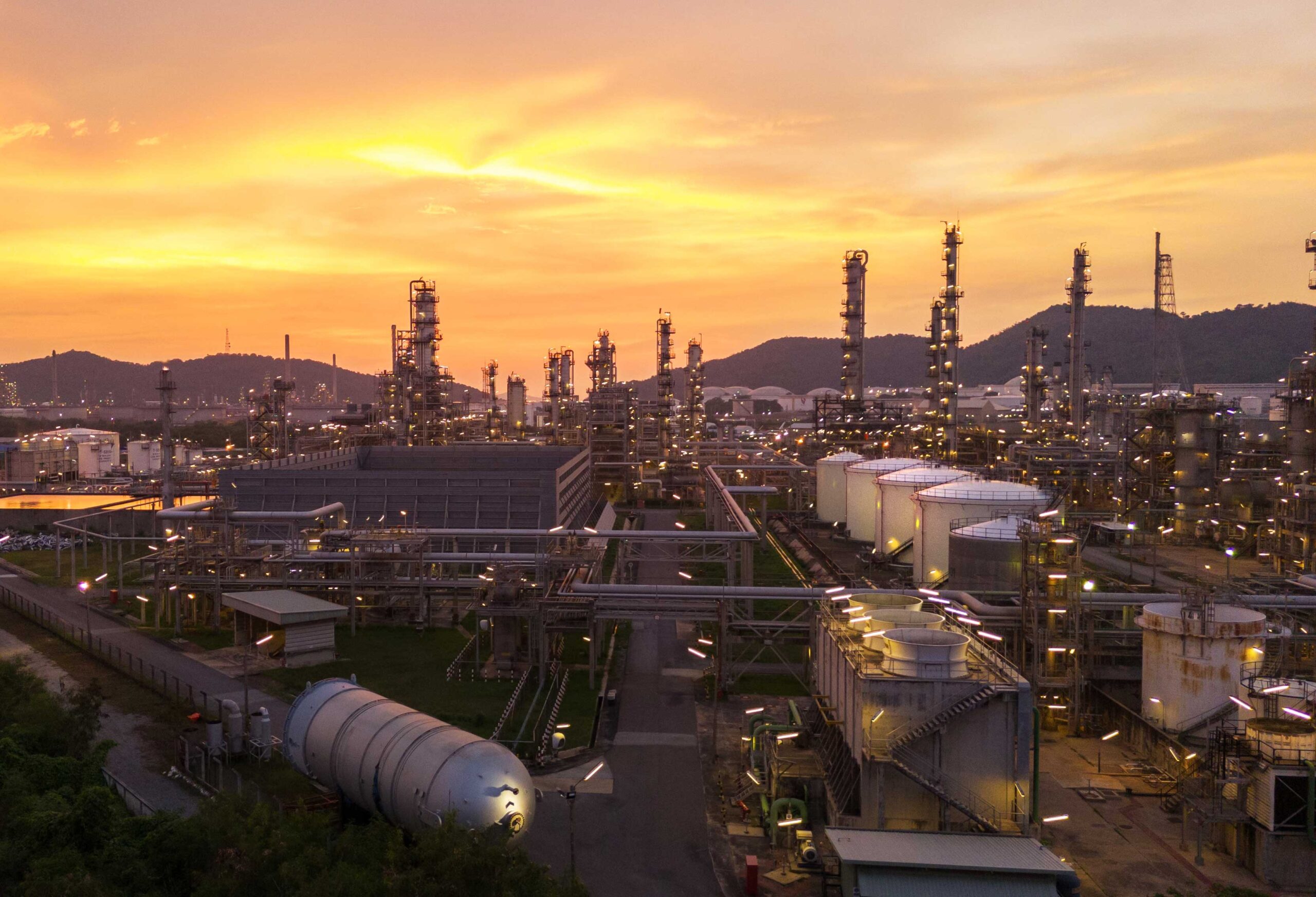 Oil Refinery plant at sunset.