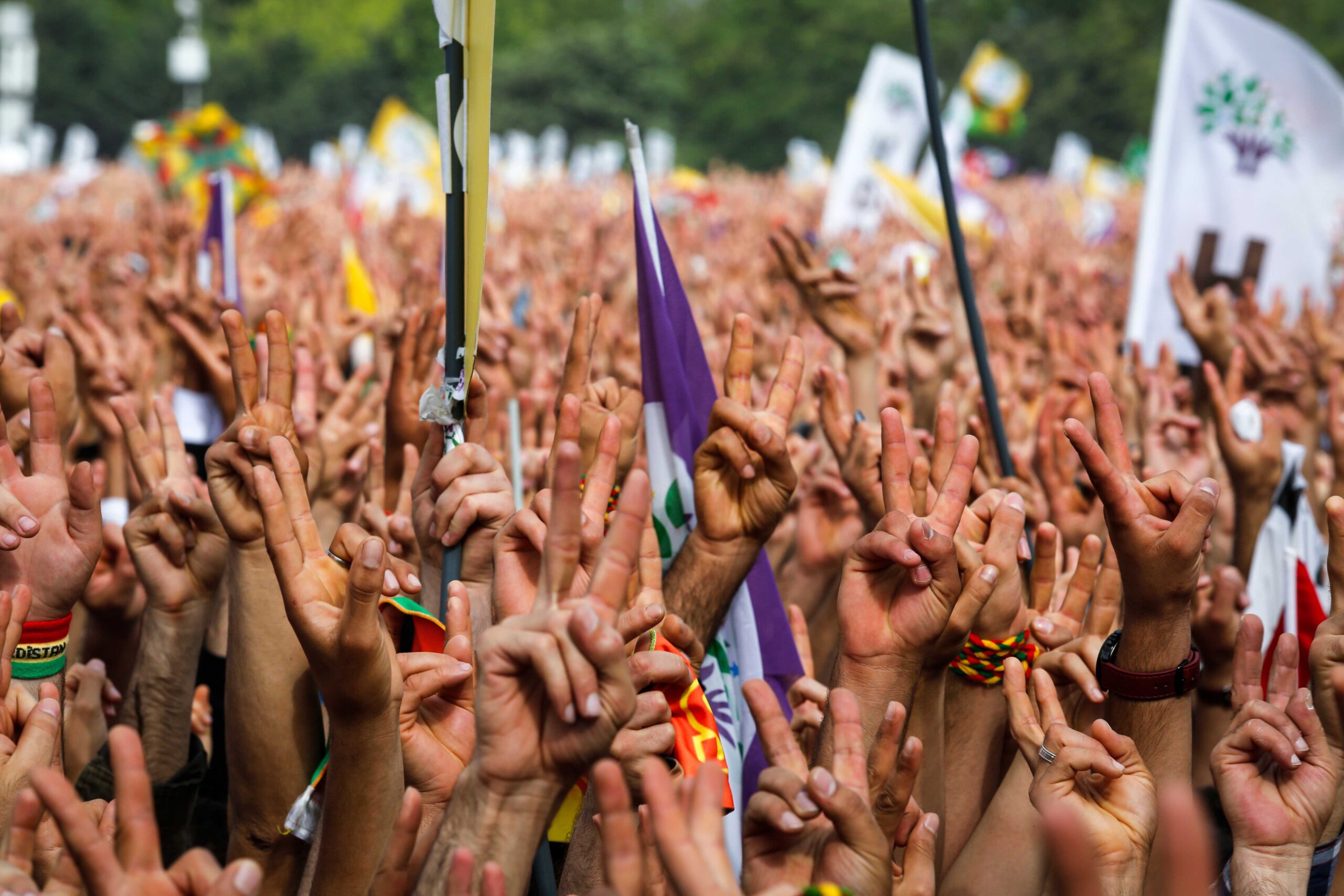 ISTANBUL, TURKEY, MARCH 22, 2014: Supporters of Turkey's main pro-Kurdish People's Democratic Party (HDP) cheer as they celebrate the Kurdish New Year.