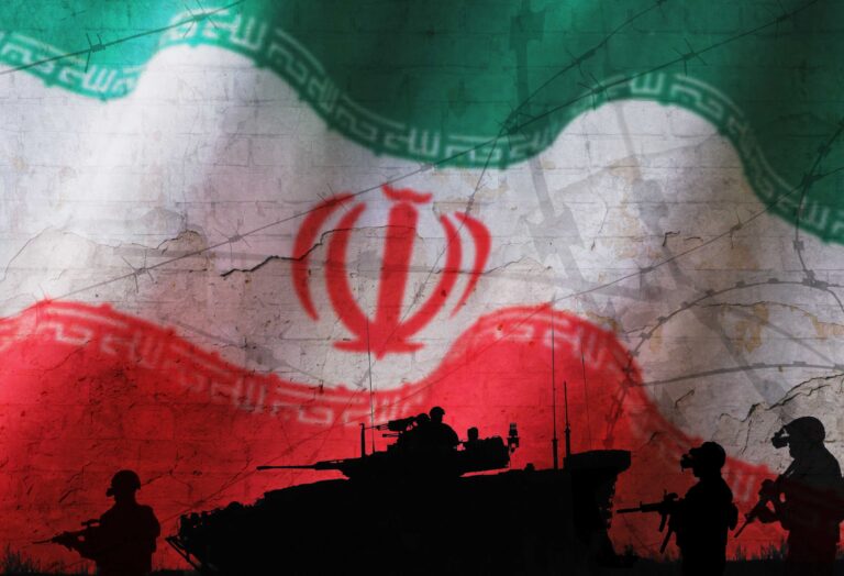 Conceptual image of war in Iran, using flag and silhouette
