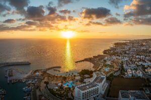 Aerial view with Kalamies Beach at sunrise time in Protaras, Cyprus