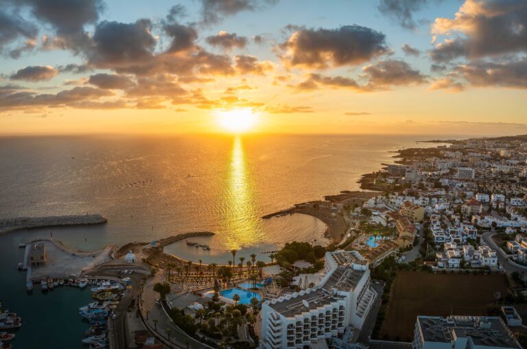 Aerial view with Kalamies Beach at sunrise time in Protaras, Cyprus