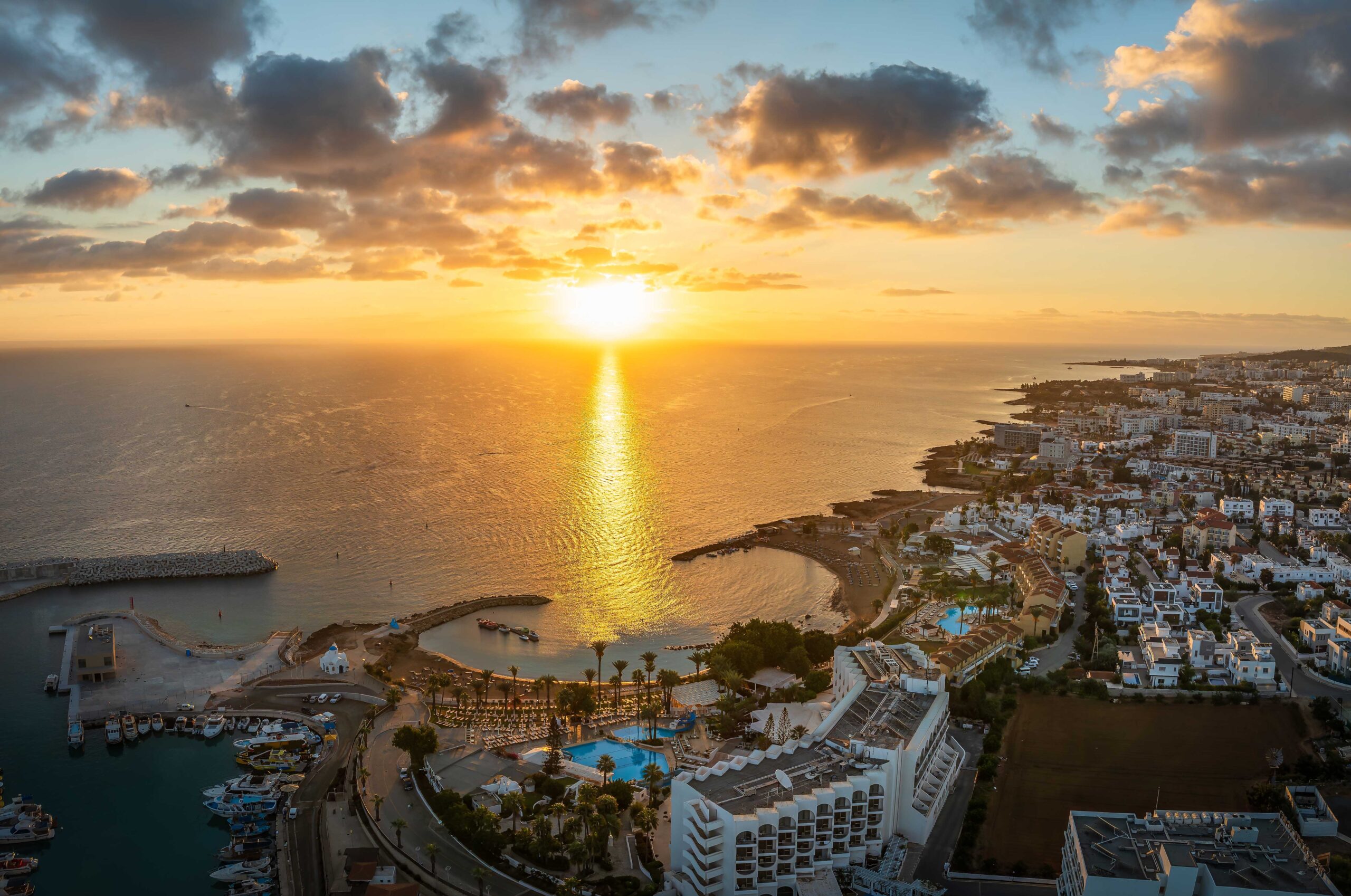 Aerial view with Kalamies Beach at sunrise time in Protaras, Cyprus