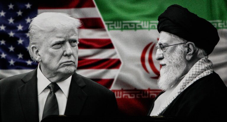 In this photo illustration, US President Donald Trump and Iranian Supreme Leader Ayatollah Ali Khamenei are seen behind Iranian flag and United States of America flag, with all of them displayed on screens, in Turin, Italy on February 23, 2026.
