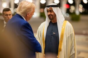 President Donald Trump is greeted by UAE President Sheikh Mohamed bin Zayed Al Nahyan at Qasr Al Watan in Abu Dhabi, United Arab Emirates, Thursday, May 15, 2025.