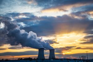 Sunset framed by the nuclear reactors at the Limerick Generating Station in Pottstown, Pennsylvania