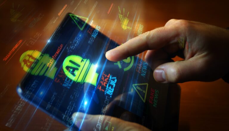 Fake news hoax and disinformation symbol mobile technology concept. Abstract sign on glitch screens in hand 3d illustration.