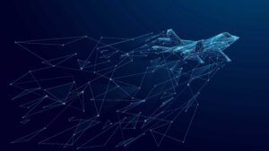 Abstract fighter jet. Digital military supersonic airplane. Technology innovation speed concept. Abstract wireframe aircraft consist of connected dots. Tech background.