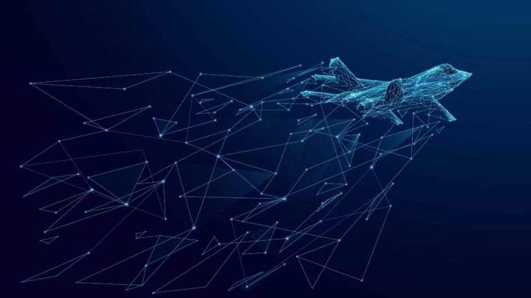 Abstract fighter jet. Digital military supersonic airplane. Technology innovation speed concept. Abstract wireframe aircraft consist of connected dots. Tech background.