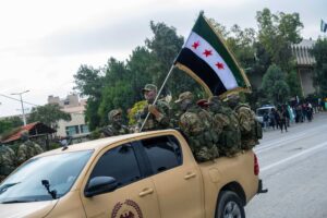Damascus, Syria. December 8th 2025. The Syrian transitional government army stages a military parade at Umayyad Square as part of the Liberation Day anniversary, Damascus, Syria.