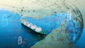 LNG tanker ship with digital security lock network. Concept of global energy security, natural gas logistics protection, and maritime Blocking the Strait of Hormuz