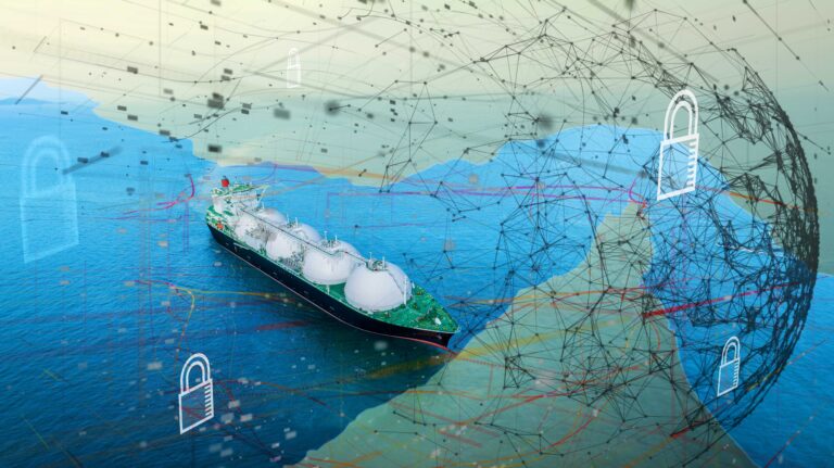 LNG tanker ship with digital security lock network. Concept of global energy security, natural gas logistics protection, and maritime Blocking the Strait of Hormuz
