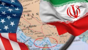 USA and Iran Flags Overlapping a Middle East Map with the Strait of Hormuz Circled, Illustrating Geopolitical Tensions and Strategic Oil Chokepoint Competition