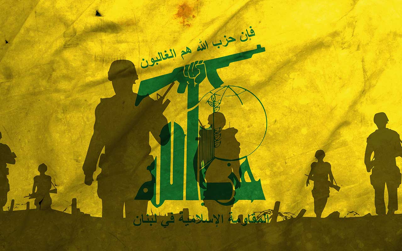 War Hezbollah, shadow of soldiers in the battlefield on dirty flag Hezbollah, Crises between Hezbollah vs Israel. Translation: "Hezbollah is the dominant" writing Аrabic