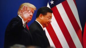 Donald trump and xi jinping stand together in front of the american and chinese flags, symbolizing international relations and diplomacy, New York City, October 7, 2025