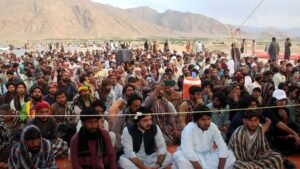 Activists of Balochistan National Party are holding protest demonstration against the recent arrests of rights activists, at Lakpass Tunnel on April 9, 2025 in Quetta.