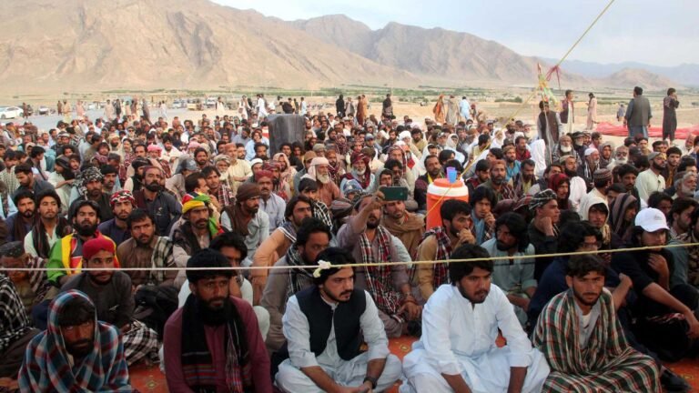 Activists of Balochistan National Party are holding protest demonstration against the recent arrests of rights activists, at Lakpass Tunnel on April 9, 2025 in Quetta.