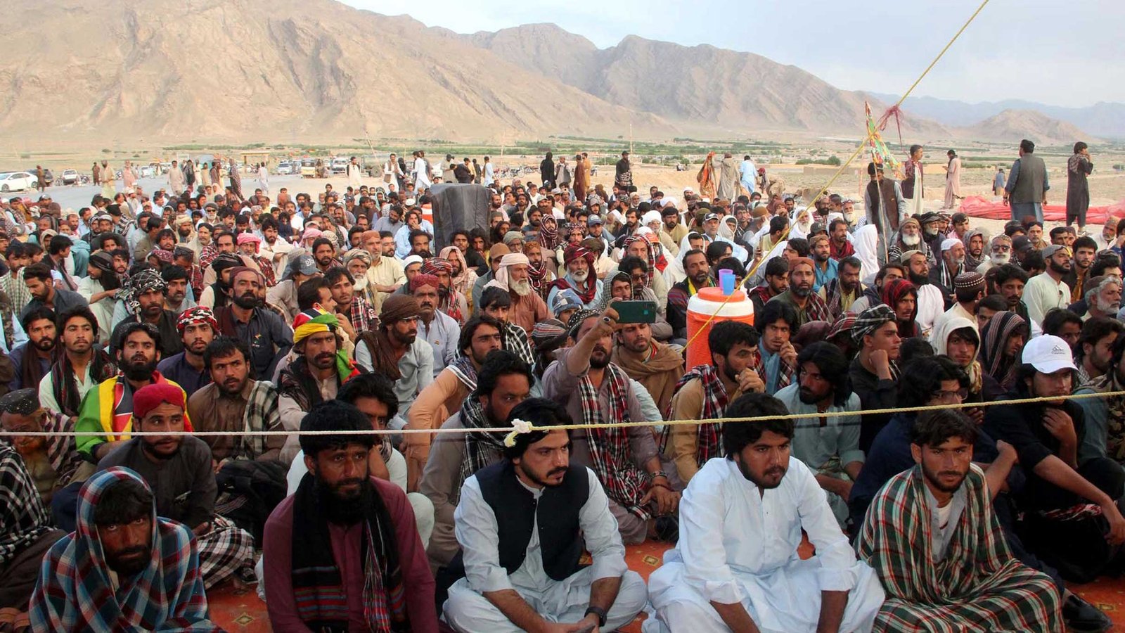 Activists of Balochistan National Party are holding protest demonstration against the recent arrests of rights activists, at Lakpass Tunnel on April 9, 2025 in Quetta.