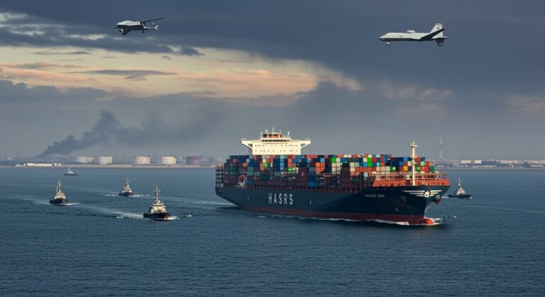 Outdoor photo of a large container ship transiting the strait of hormuz with visible tension in the scene. the ship is fully loaded, flying a neutral flag, and escorted by small naval vessels. in the background, a hazy middle eastern coastline with oil tanks and distant smoke plumes hint at recent conflict. overhead, a surveillance drone or fighter jet flies under a dramatic twilight sky. the image should convey global shipping under geopolitical risk—serious, professional, and realistic in tone.