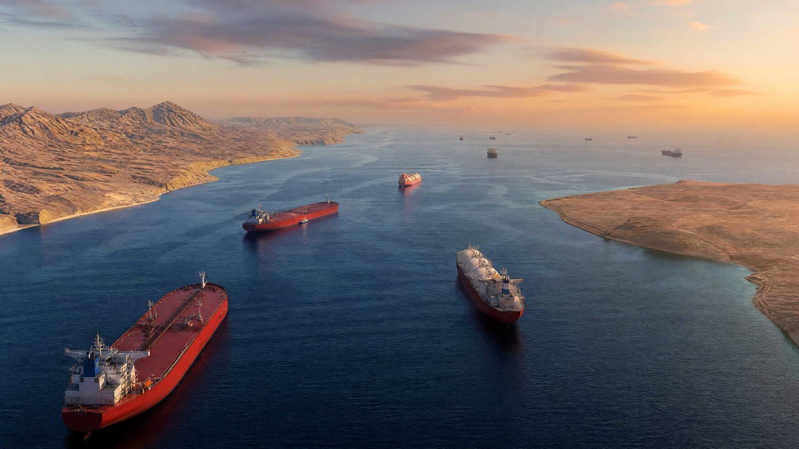 Aerial View of Oil Tankers Navigating a Strategically Blocked Strait of Hormuz at Sunset, Global Maritime Shipping Disruption and Energy Supply Crisis