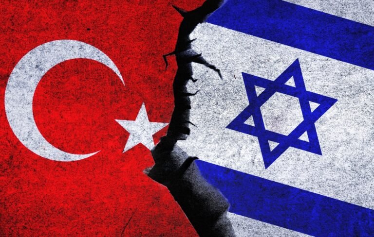 Israel vs Turkey concept flags on a wall with a crack. Israel and Turkey political conflict, economy, war crisis, relationship, trade concept