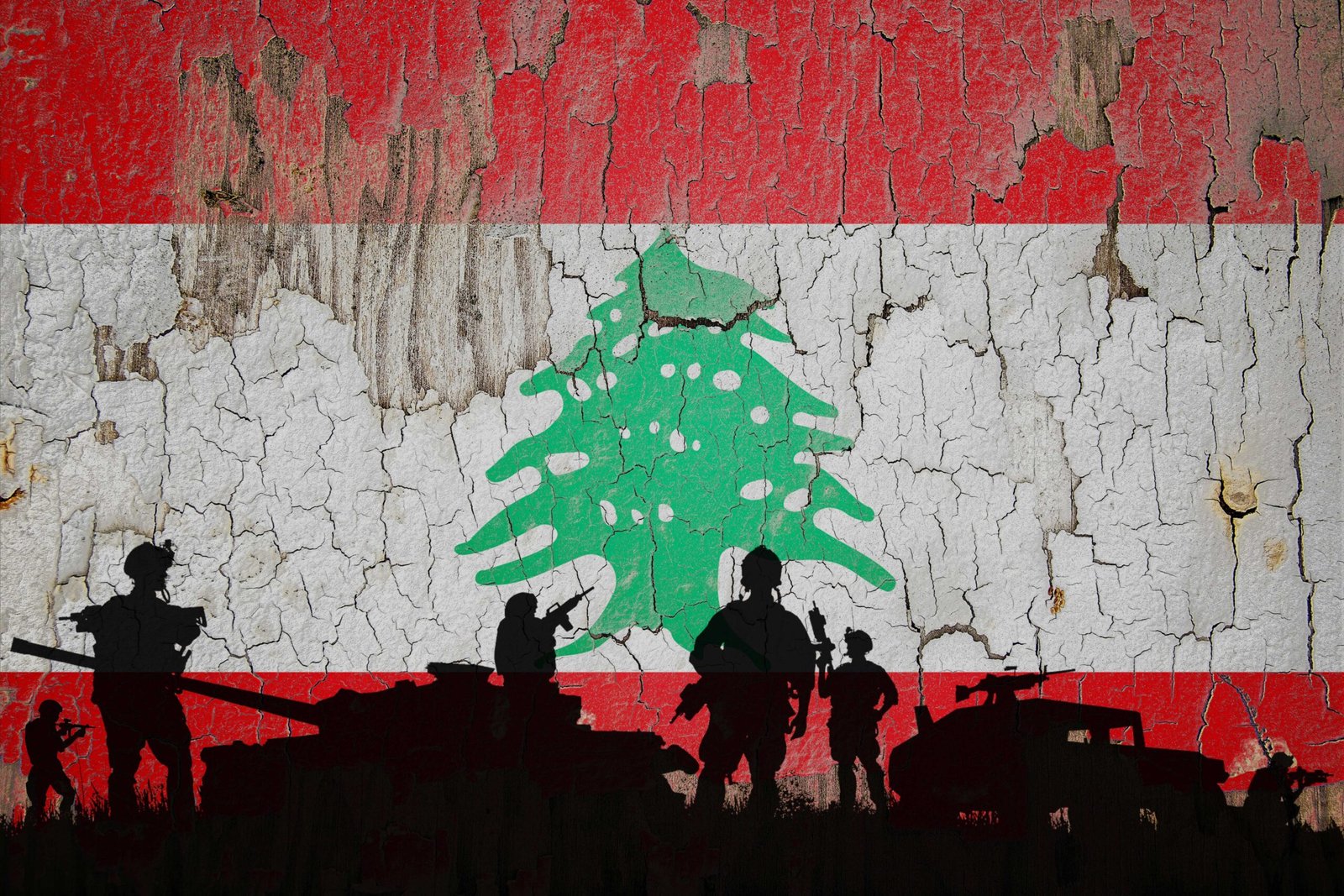 Lebanon flag painted on the cracked wall and soldiers shadow.