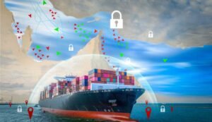 A futuristic concept of container ships emphasizing maritime insurance and logistics security.