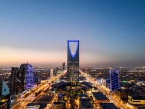 Riyadh, Saudi Arabia-July 08, 2025- Stunning Aerial Drone Photo of Riyadh, Saudi Arabia's Kingdom Centre Tower and Cityscape at Dusk