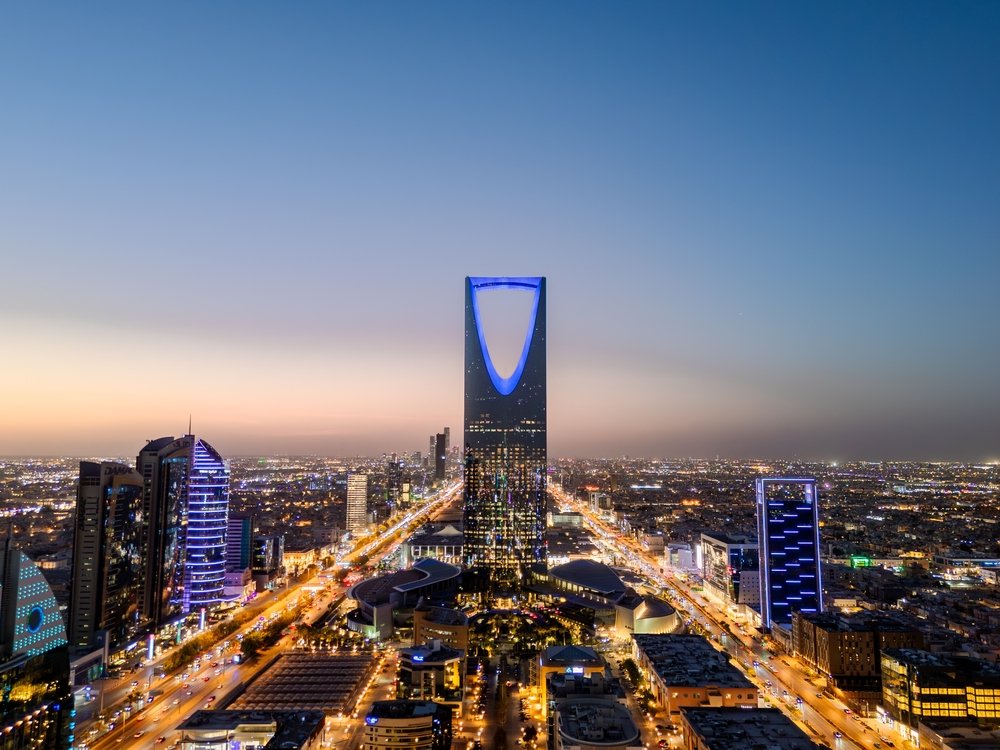 Riyadh, Saudi Arabia-July 08, 2025- Stunning Aerial Drone Photo of Riyadh, Saudi Arabia's Kingdom Centre Tower and Cityscape at Dusk