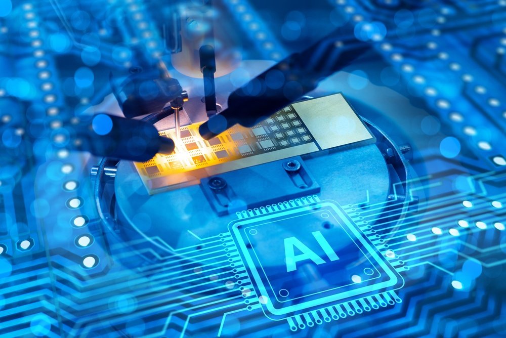 Semiconductor manufacturing. Technician calibrates microchip wafer under microscope, developing AI processors and integrated circuits for advanced computing, robotics and electronic engineering.