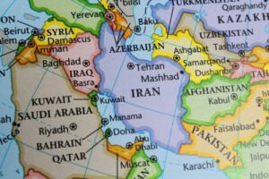 close up of the country of Iran viewed on a wold map as a travel concept. Iran and Middle east on a map