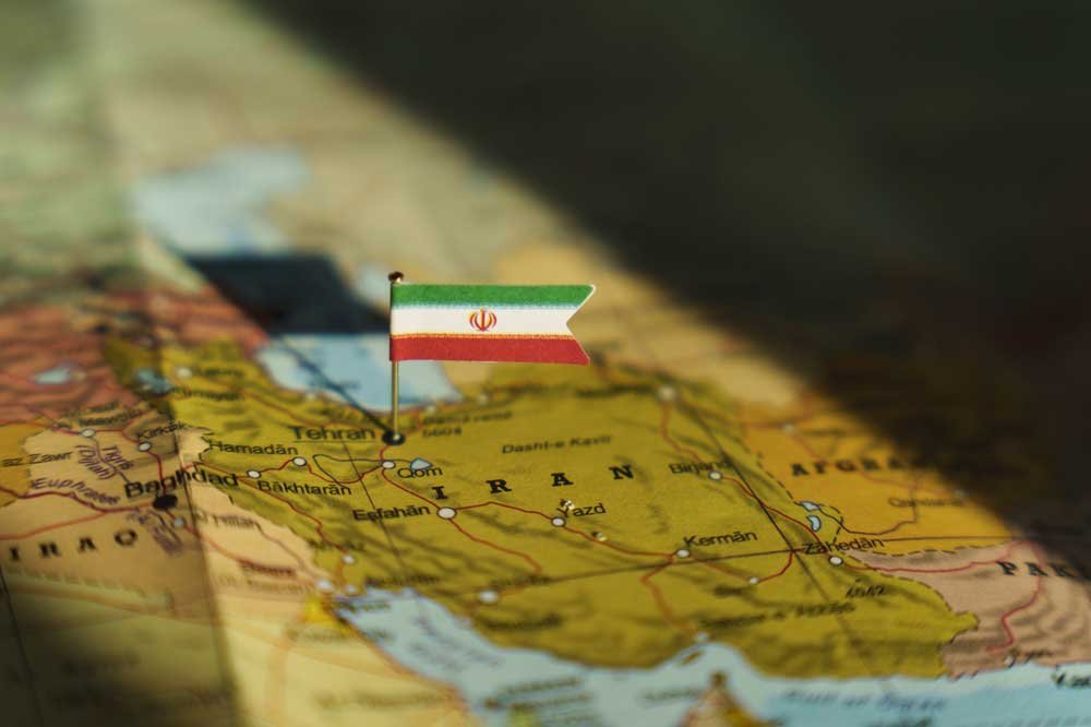 Iran flag on Middle east geopolitical map.