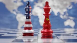 China and USA relation. United states of America and Chinese flags on chess kings.