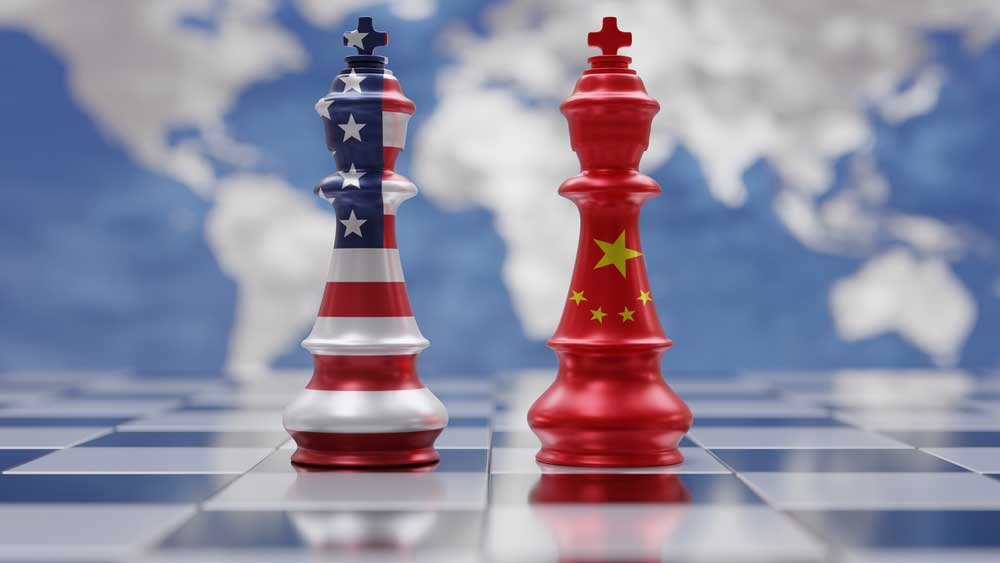 China and USA relation. United states of America and Chinese flags on chess kings.